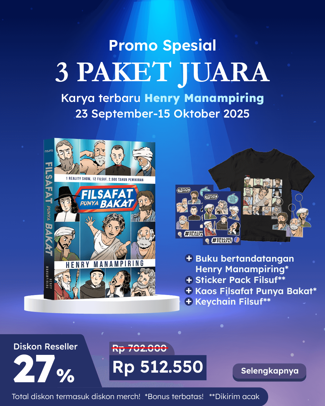 PAKET JUARA (3 EKS) - SO FILSAFAT PUNYA BAKAT+TTD+STICKER+KEYCHAIN+KAOS ND-533