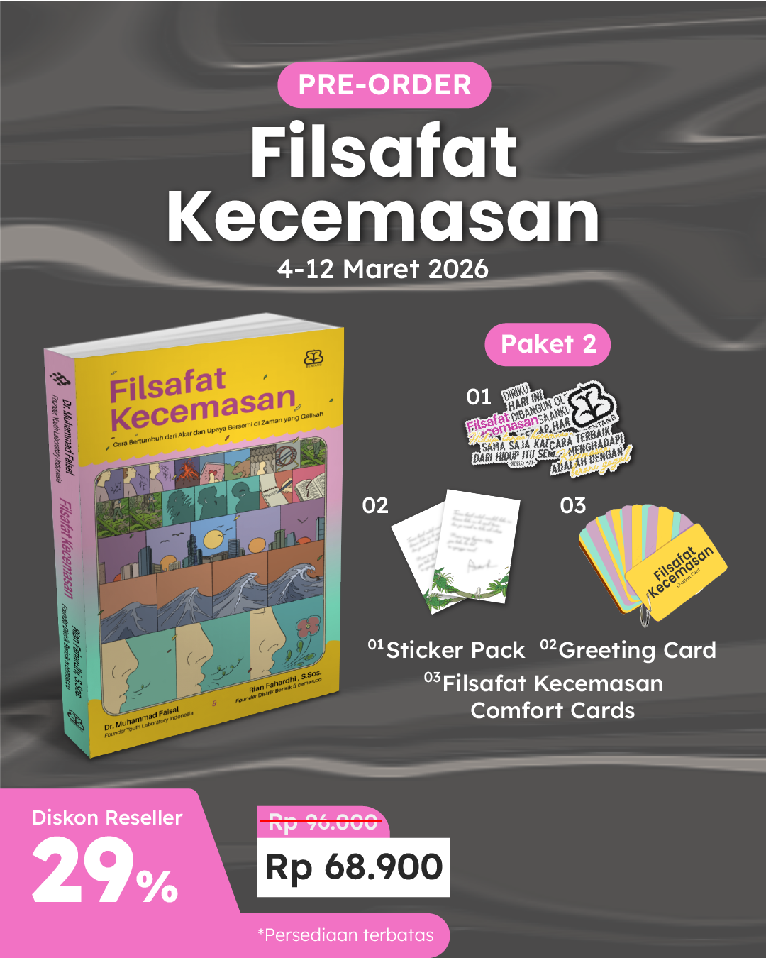 PAKET SATUAN - PO FILSAFAT KECEMASAN+STICKER PACK+GREETING CARD+FLASH CARD