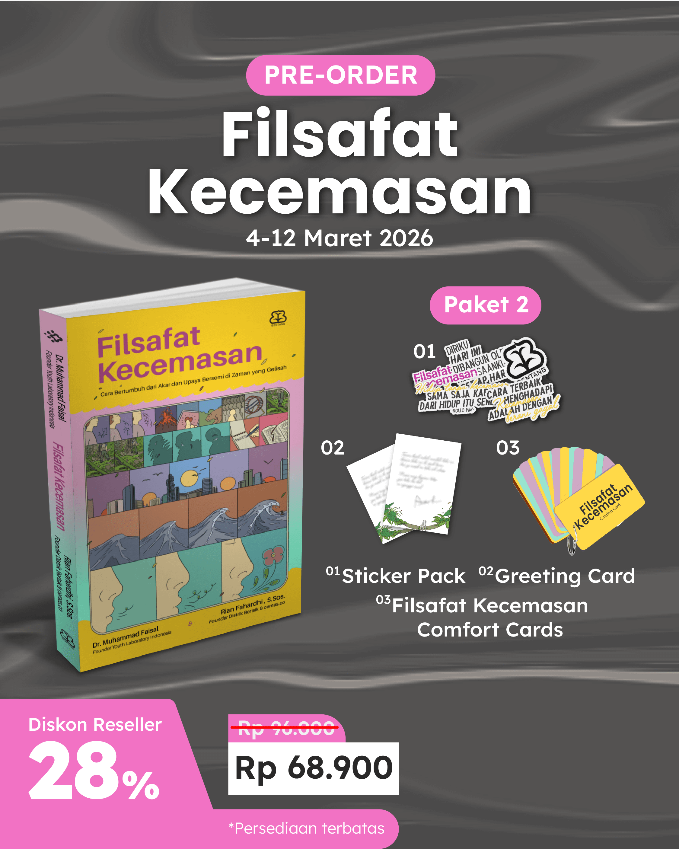 PAKET SATUAN - PO FILSAFAT KECEMASAN+STICKER PACK+GREETING CARD+FLASH CARD