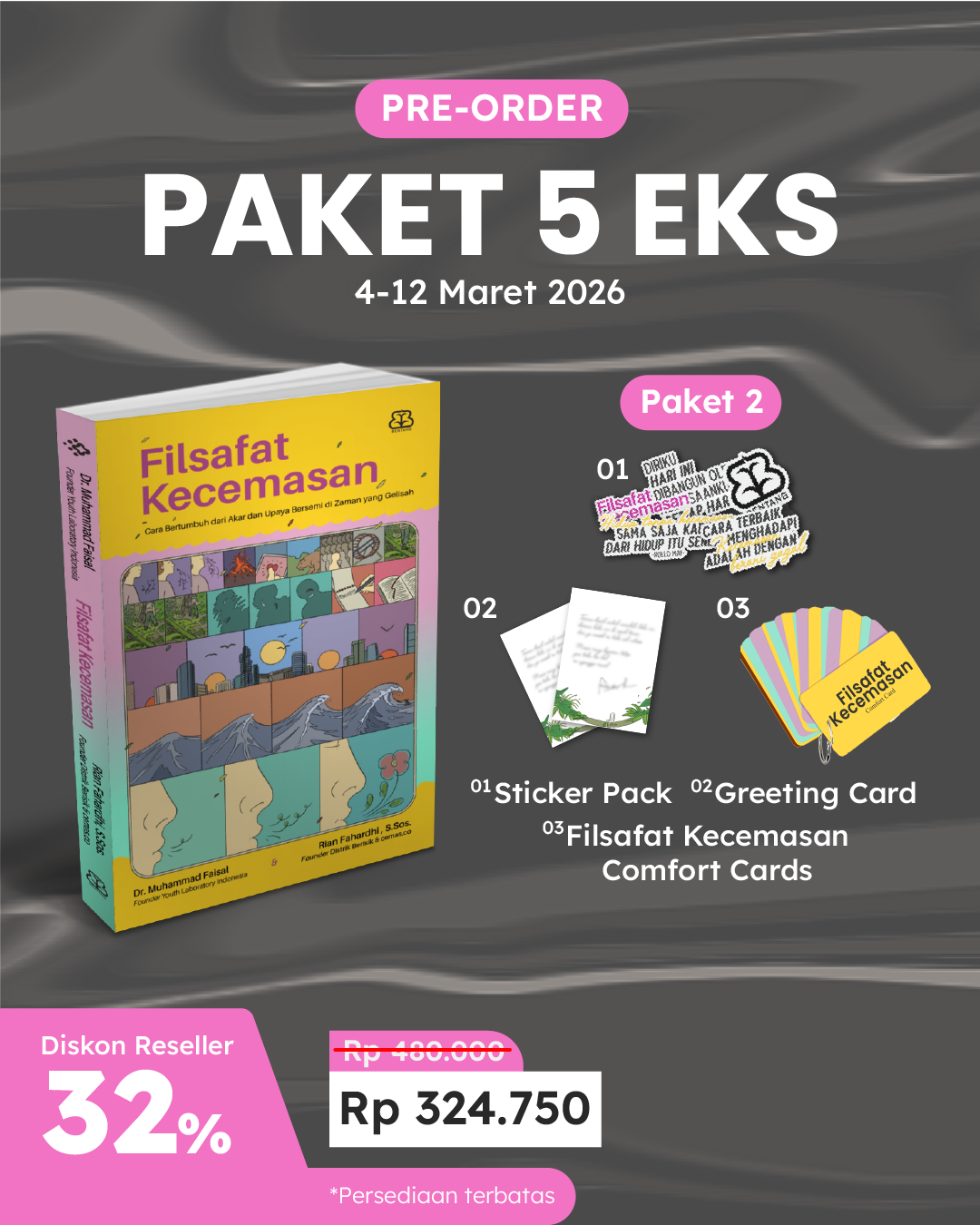 PAKET 5 EKS - PO FILSAFAT KECEMASAN+STICKER PACK+GREETING CARD+FLASH CARD
