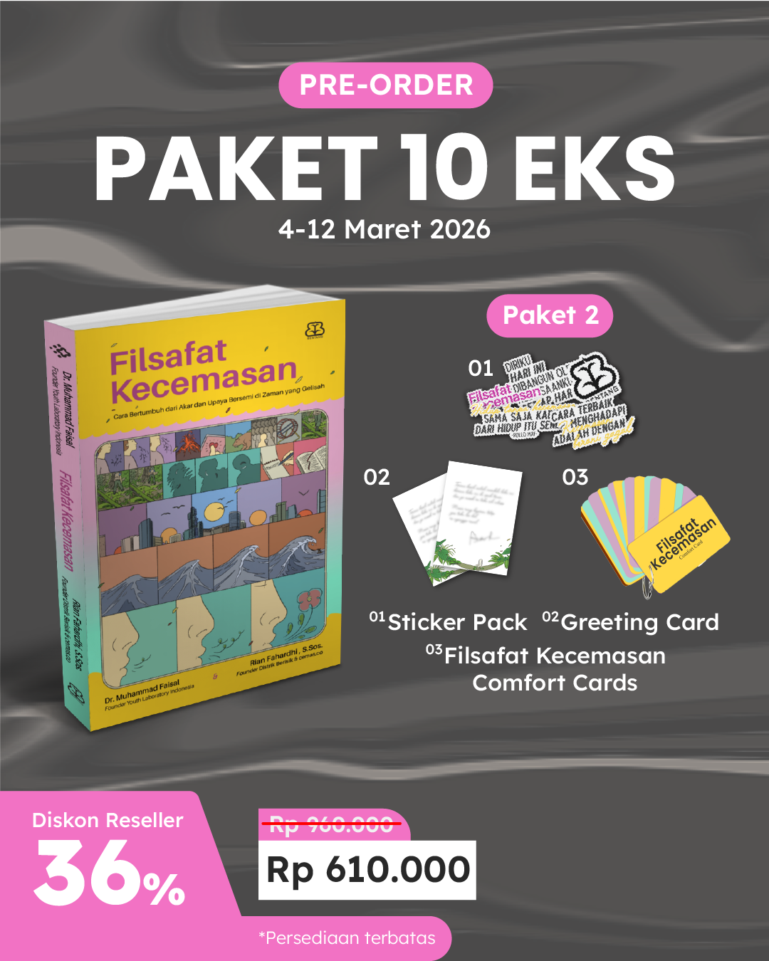 PAKET 10 EKS - PO FILSAFAT KECEMASAN+STICKER PACK+GREETING CARD+FLASH CARD