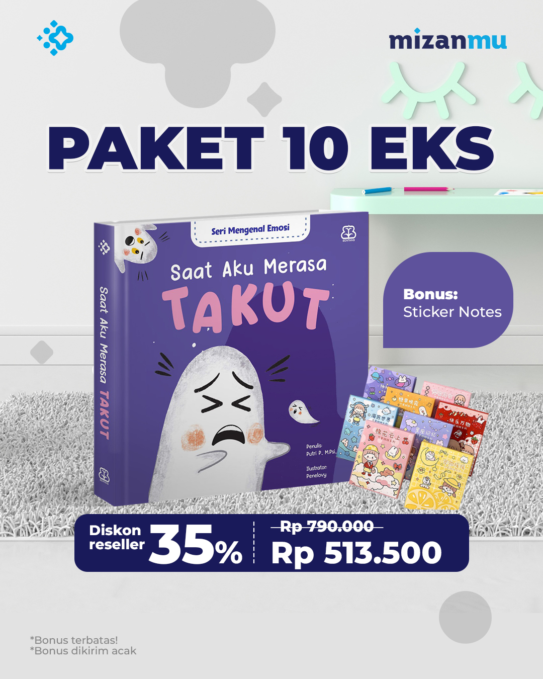 PAKET 10 EKS PROMO SALES BUKU ANAK BENTANG SAAT AKU MERASA TAKUT BONUS STICKER NOTES