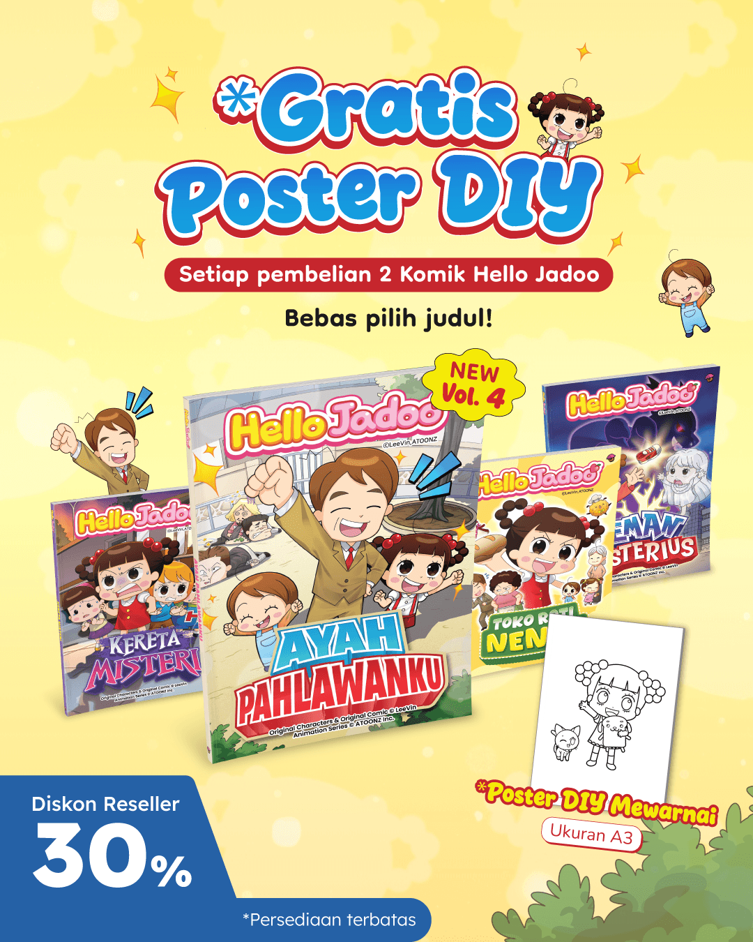 PAKET SO BUNDLING 2 EKS KOMIK HELLO JADOO+DIY POSTER MEWARNAI